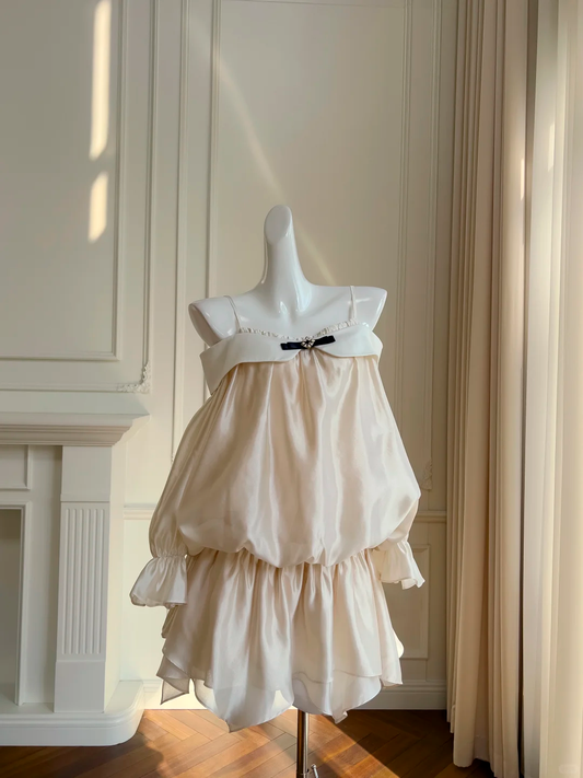 Vestido de fiesta corto de gasa con tirantes finos, corte A, mangas largas, para regreso a casa y cumpleaños GG2668
