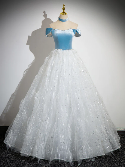 Elegante vestido de fiesta largo de tul con lentejuelas y hombros descubiertos, corte A, GG266