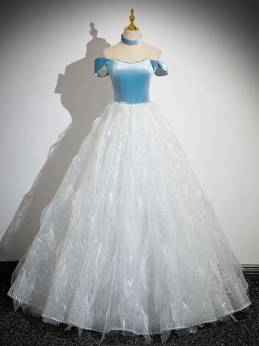 Elegante vestido de fiesta largo de tul con lentejuelas y hombros descubiertos, corte A, GG266