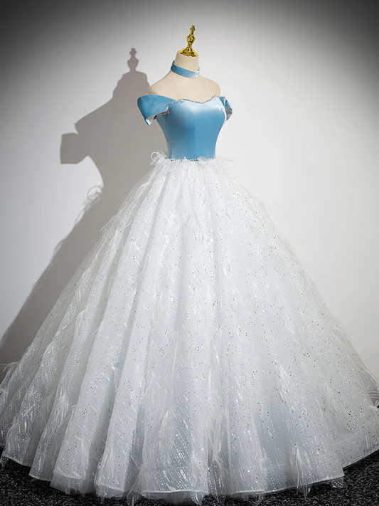 Elegante vestido de fiesta largo de tul con lentejuelas y hombros descubiertos, corte A, GG266