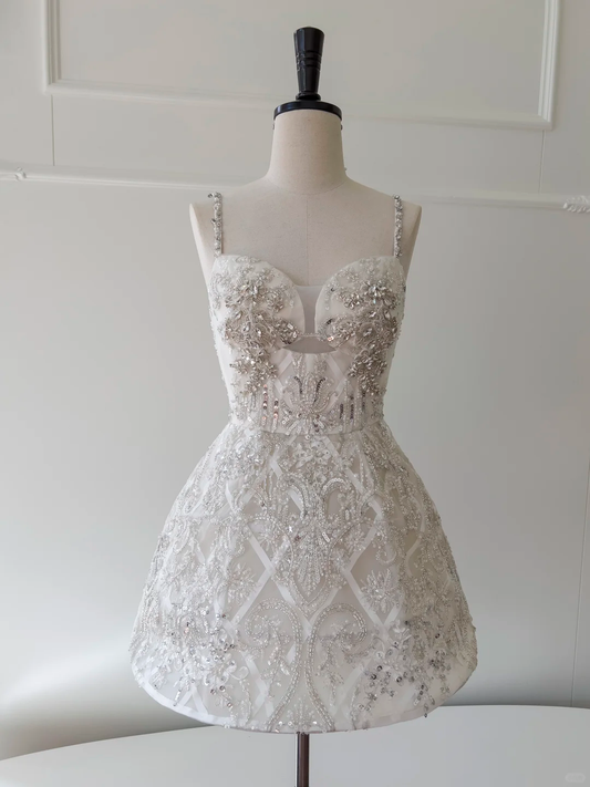 Hermoso vestido de fiesta corto de satén con tirantes finos, tul, lentejuelas y cuentas de piedras, corte A, para regreso a casa y cumpleaños GG2679