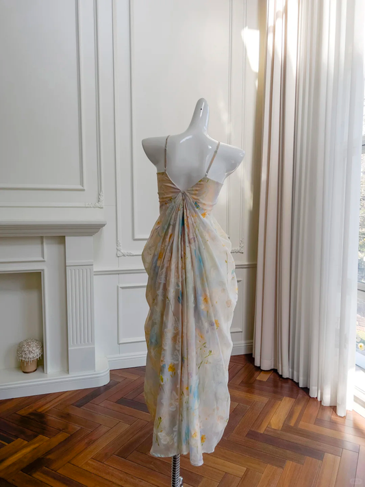 Vestido largo elegante de gasa con tirantes finos, corte A, estampado, para fiesta de graduación o de noche, GG2682
