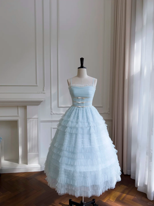 Hermoso vestido de fiesta largo de tul azul pálido con tirantes finos, vestido de fiesta, vestido de noche GG2684