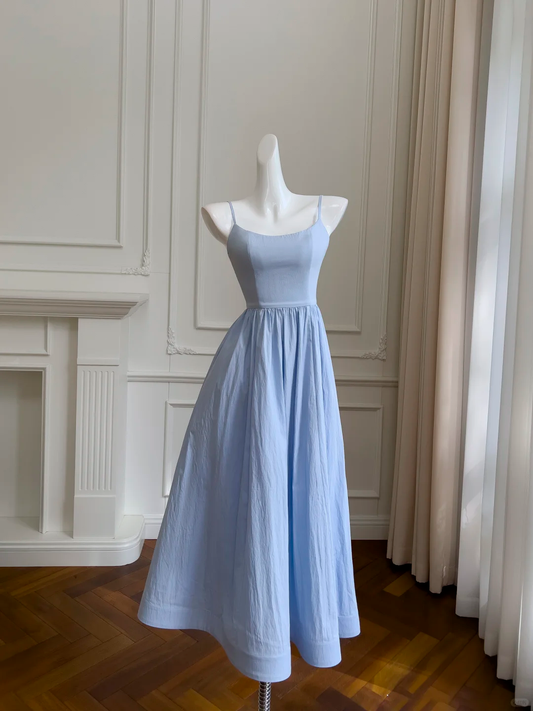 Vestido largo de satén azul con tirantes finos y corte en A, para fiesta de graduación o de noche, GG2685