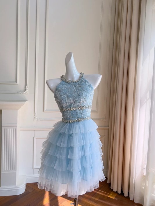 Hermoso vestido de fiesta corto de satén azul con cuello halter y tul con cuentas, vestido de regreso a casa y vestido de cumpleaños GG2687