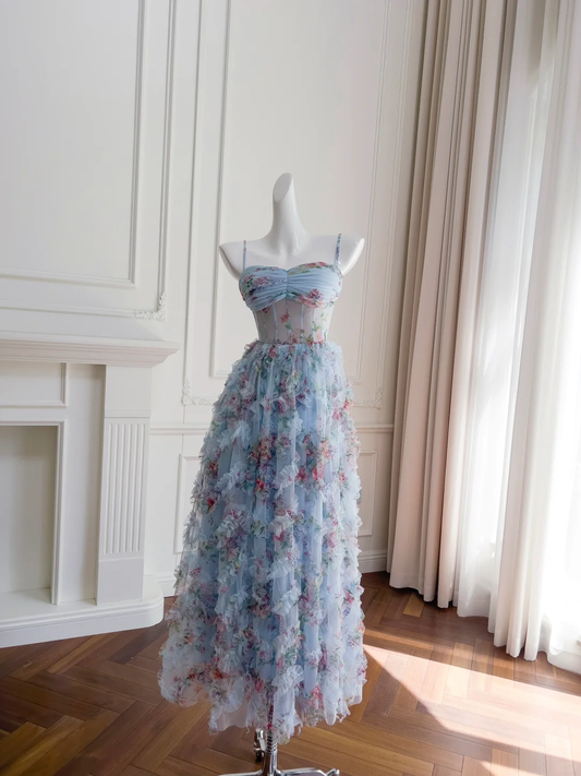 Vestido largo de fiesta, de noche y de fiesta con tul estampado de hadas, corte A, tirantes finos, GG2688