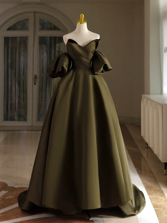 Vestidos de fiesta largos de satén verde oliva con hombros descubiertos y mangas abullonadas, corte A, GG268