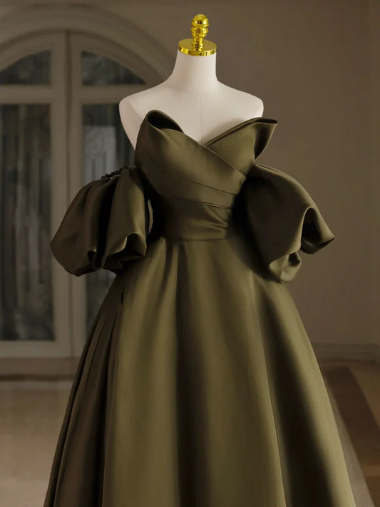 Vestidos de fiesta largos de satén verde oliva con hombros descubiertos y mangas abullonadas, corte A, GG268