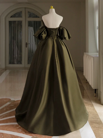 Vestidos de fiesta largos de satén verde oliva con hombros descubiertos y mangas abullonadas, corte A, GG268
