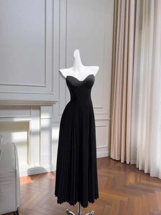 Vestido de fiesta negro de satén con escote en forma de A y escote corazón, largo, para graduación, noche, GG2691