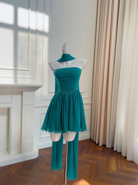 Vestido de fiesta corto elegante de gasa turquesa sin tirantes, corte A, para regreso a casa y cumpleaños GG2699