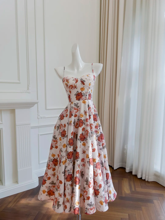 Vestido largo de fiesta, de noche y satén con tirantes finos, corte en A, estampado floral, GG2700