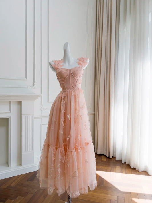 Vestido largo de fiesta, de noche y de satén con tirantes finos, corte en A, con apliques de tul, GG2701
