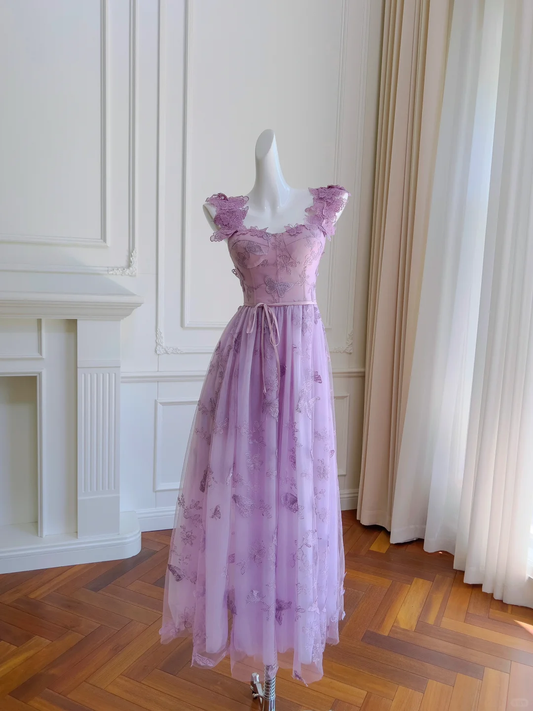 Vestido largo de fiesta, de noche y de satén con tirantes finos, corte en A, con apliques de tul, GG2701