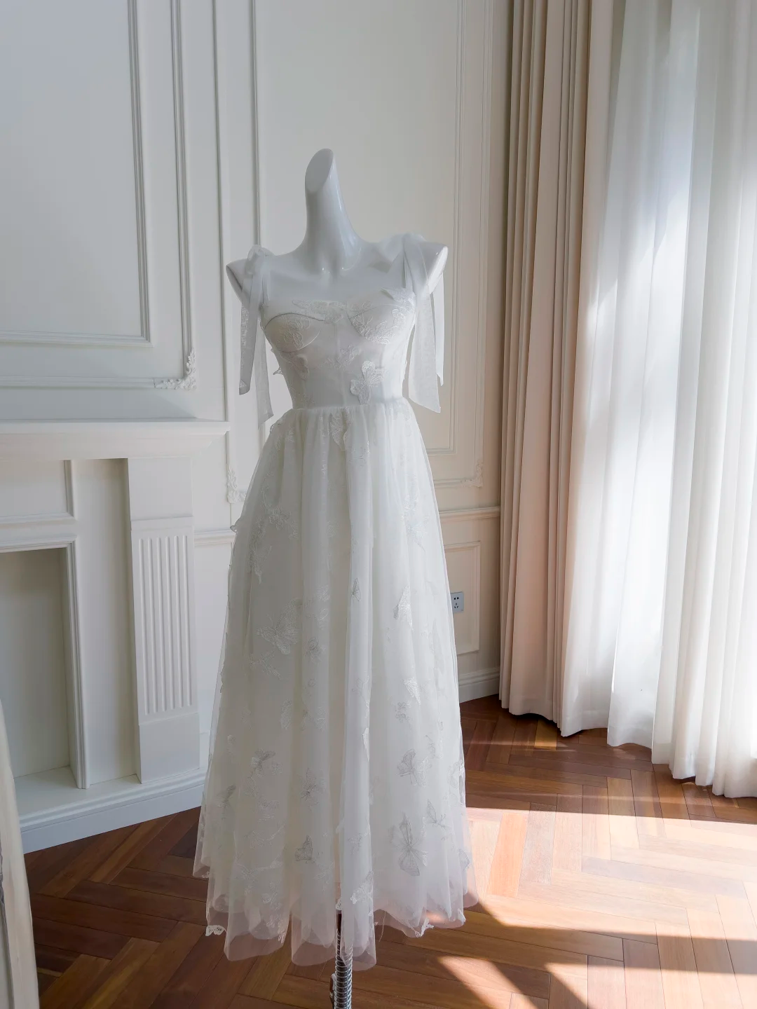 Vestido largo de fiesta, de noche y de satén con tirantes finos, corte en A, con apliques de tul, GG2701