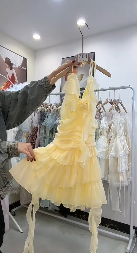 Vestido corto de gasa amarillo pastel con tirantes finos, corte A, para fiesta de graduación, fiesta de cumpleaños, GG2702