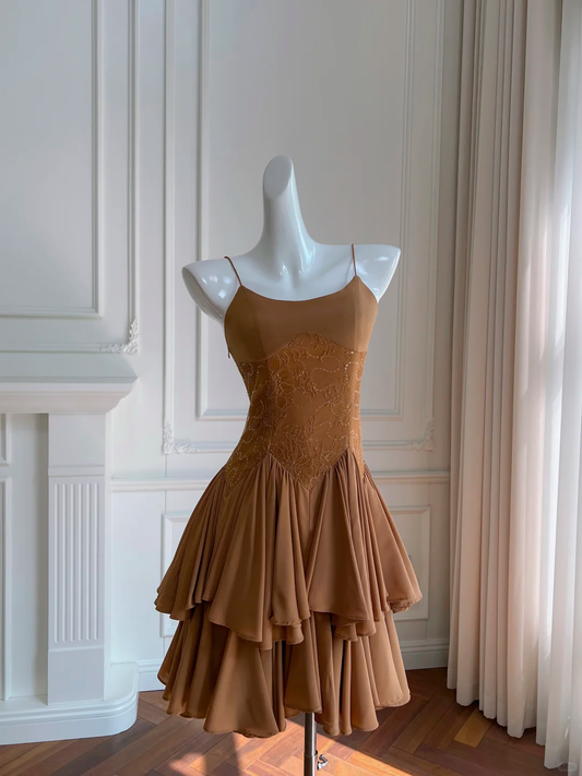 Vestido de fiesta corto elegante de satén con lentejuelas y tirantes finos, corte A, para regreso a casa y cumpleaños GG2704