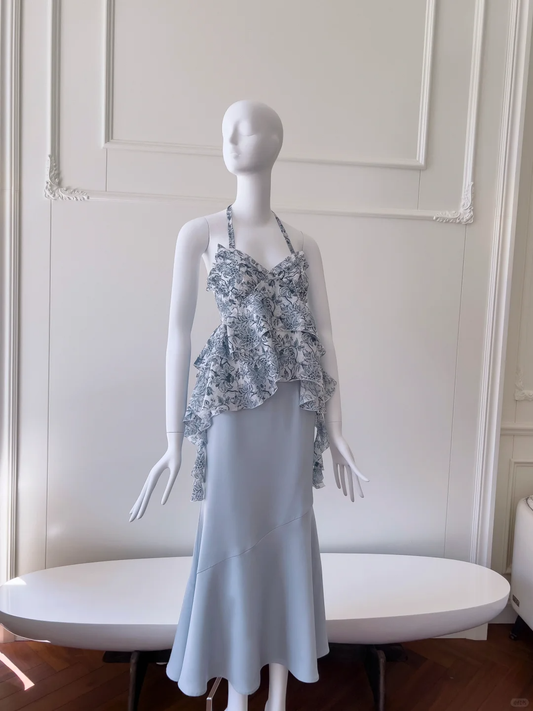 Vestido largo de satén con estampado de gasa y cuello halter, corte A, único, para fiesta de graduación o noche, GG2706
