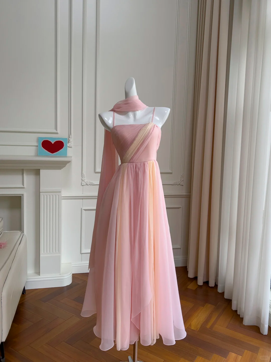 Vestido largo elegante de gasa con tirantes finos, corte A, para fiesta de graduación o de noche GG2707