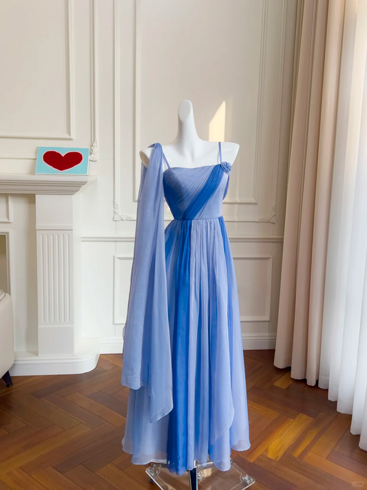 Vestido largo elegante de gasa con tirantes finos, corte A, para fiesta de graduación o de noche GG2707
