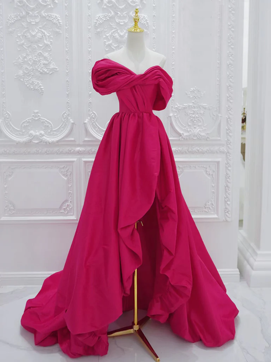 Vestido de fiesta largo sencillo de satén rojo rosa con hombros descubiertos, corte A, corte asimétrico, vestido de noche GG270