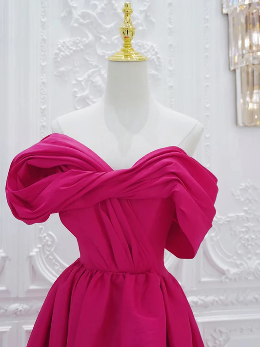 Vestido de fiesta largo sencillo de satén rojo rosa con hombros descubiertos, corte A, corte asimétrico, vestido de noche GG270