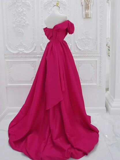 Vestido de fiesta largo sencillo de satén rojo rosa con hombros descubiertos, corte A, corte asimétrico, vestido de noche GG270