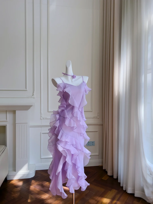 Vestido largo de gasa lila con volantes, corte A, tirantes finos, sexy, para fiesta de graduación o noche, GG2711