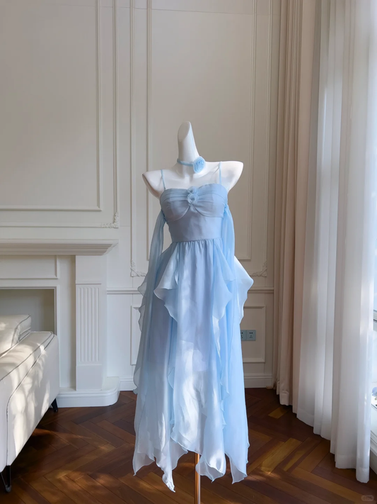 Vestido largo de gasa azul pálido con tirantes finos, corte A, para fiesta de graduación o de noche, GG2714