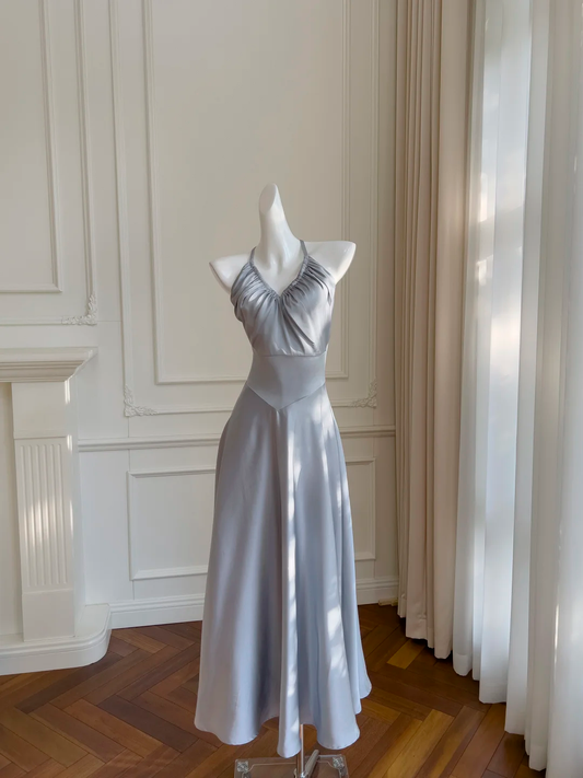 Elegante vestido de fiesta largo de satén gris con escote halter y corte en A, vestido de noche GG2715