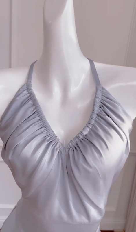 Elegante vestido de fiesta largo de satén gris con escote halter y corte en A, vestido de noche GG2715