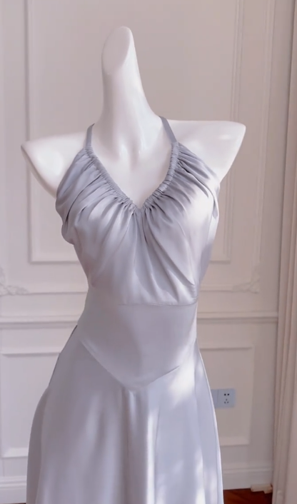 Elegante vestido de fiesta largo de satén gris con escote halter y corte en A, vestido de noche GG2715