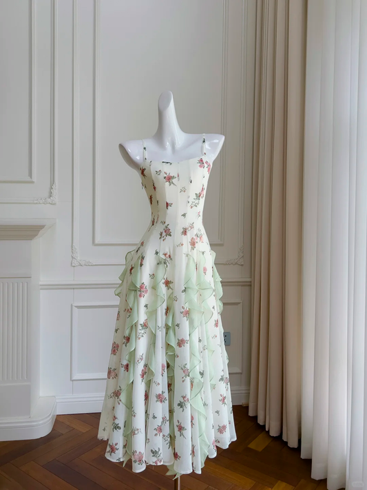 Vestido largo de fiesta, de noche, de gasa, con volantes y tirantes finos, corte en A, GG2716