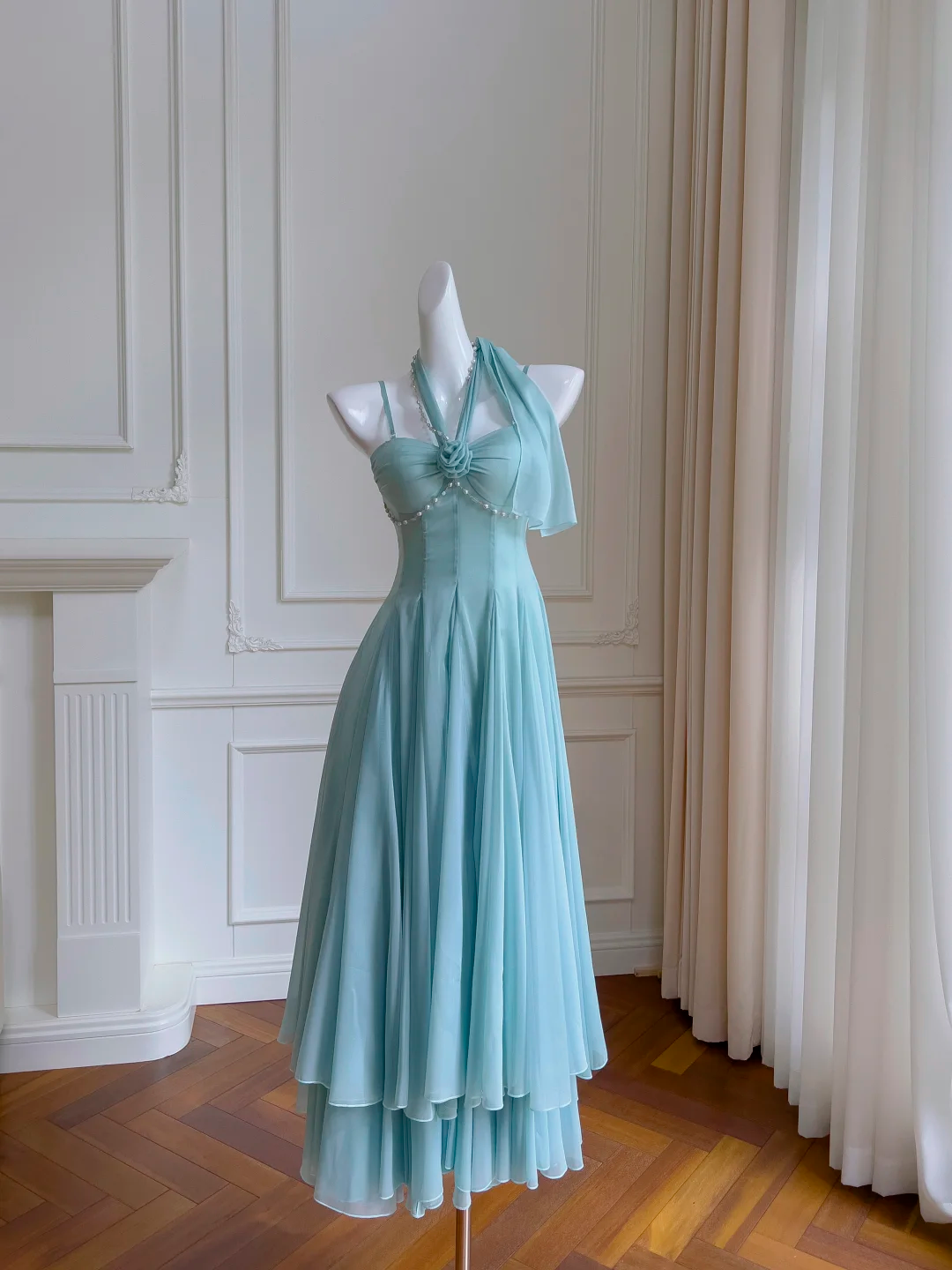 Vestido largo de gasa azul claro con tirantes finos, corte A, elegante, para fiesta de graduación o de noche, GG2717