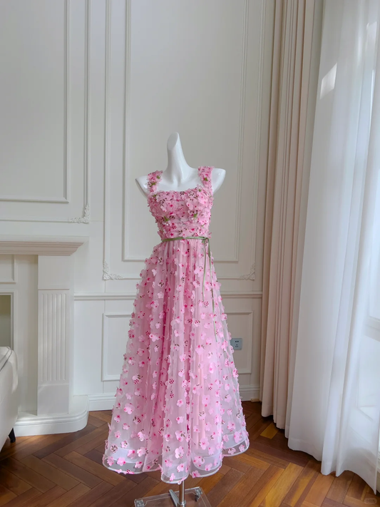 Vestido largo de fiesta, de noche y de fiesta, de gasa rosa con apliques y corte en A, estilo hada, GG2718