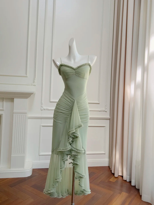 Vestido largo de tul satinado con tirantes finos y corte sirena, elegante, para fiesta de graduación o de noche (GG2719)