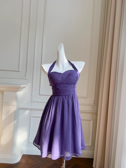 Elegante vestido de fiesta corto de gasa morada con cuello halter y corte en A, vestido de bienvenida y vestido de cumpleaños GG2720