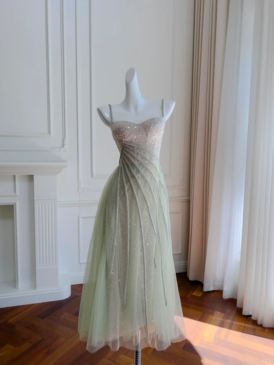 Vestido largo de fiesta, de noche, con escote en A, de tul, lentejuelas y cuentas, con tirantes finos y purpurina, GG2721