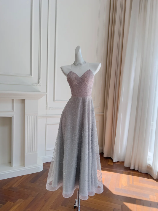 Vestido de fiesta largo de satén con tul y cuentas, sin tirantes, corte en A, degradado, GG2723