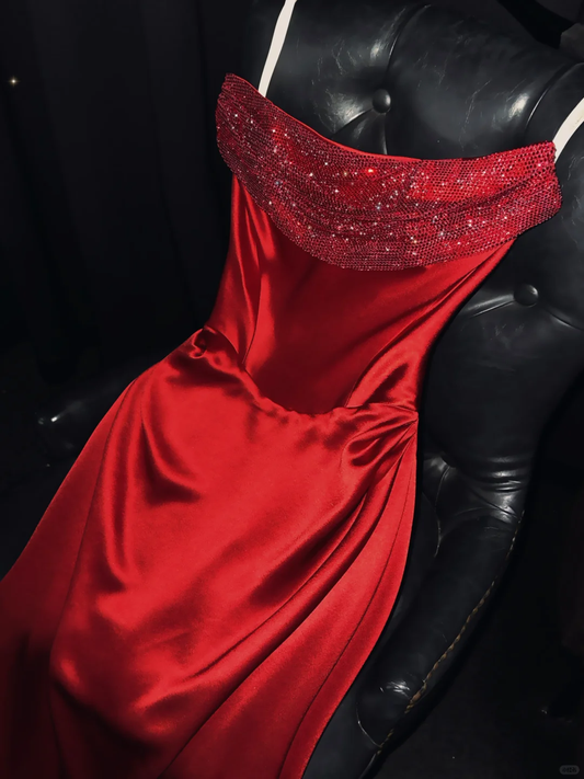 Vestido de fiesta largo de satén rojo con tirantes finos, corte A, GG2724