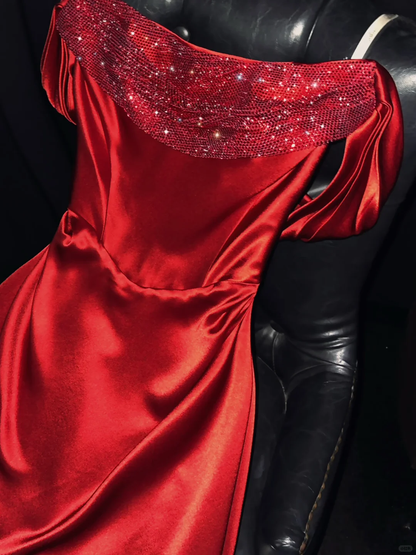 Vestido de fiesta largo de satén rojo con tirantes finos, corte A, GG2724