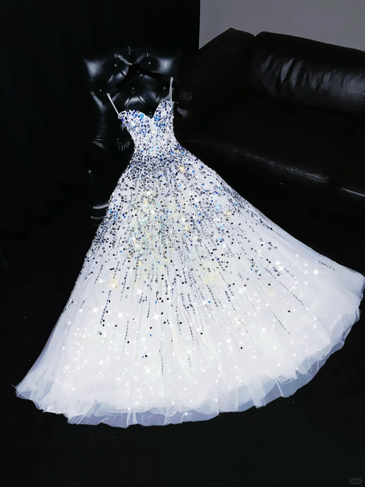Vestido largo elegante de tul blanco con lentejuelas y tirantes finos, corte A, para fiesta o noche, GG2725