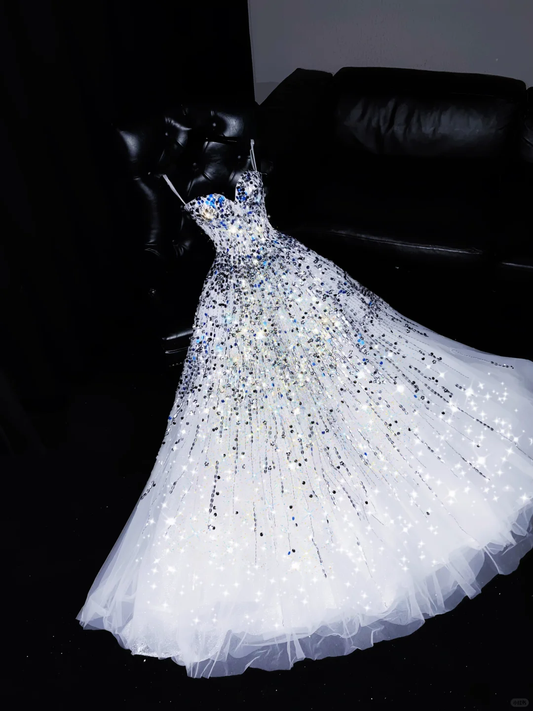 Vestido largo elegante de tul blanco con lentejuelas y tirantes finos, corte A, para fiesta o noche, GG2725
