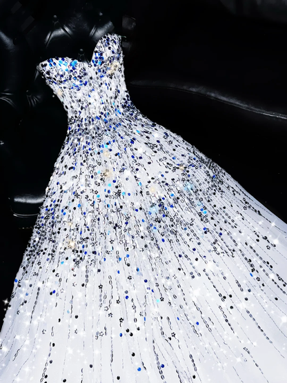 Vestido largo elegante de tul blanco con lentejuelas y tirantes finos, corte A, para fiesta o noche, GG2725