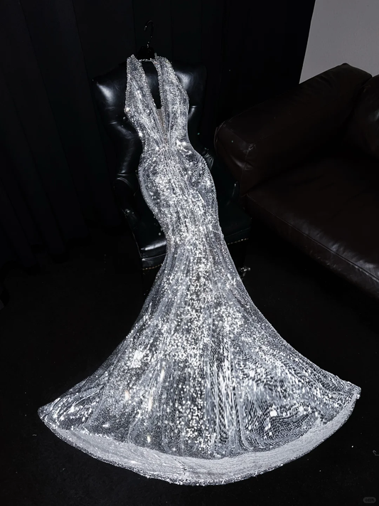Vestido largo de fiesta, de sirena, con escote halter en V y lentejuelas plateadas, para graduación, noche o cualquier ocasión especial, GG2727