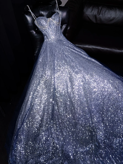 Vestido largo de satén con lentejuelas y cuentas, corte A, tirantes finos, para fiesta de graduación o noche, GG2728