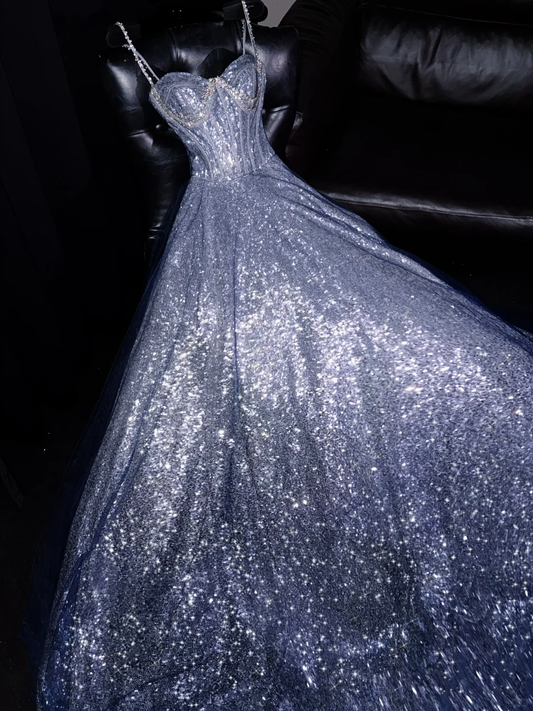 Vestido largo de satén con lentejuelas y cuentas, corte A, tirantes finos, para fiesta de graduación o noche, GG2728
