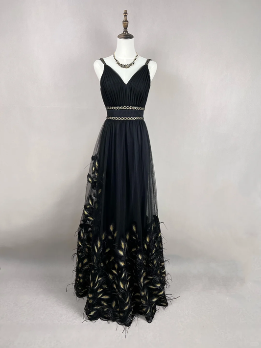 Vestido largo elegante de fiesta, de noche, con corte A y tirantes finos, de satén negro, tul y plumas, GG2729