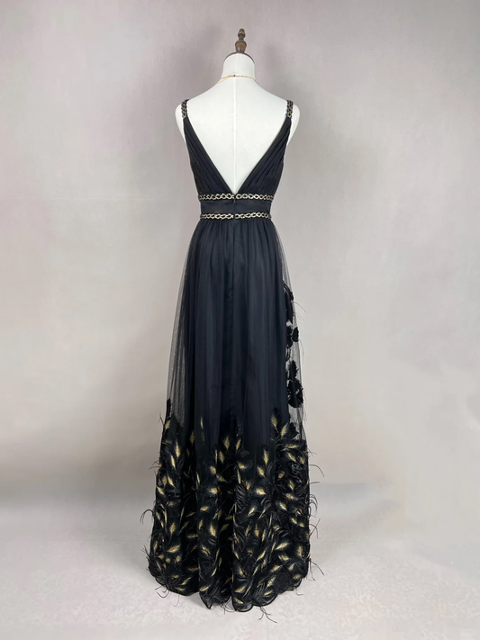 Vestido largo elegante de fiesta, de noche, con corte A y tirantes finos, de satén negro, tul y plumas, GG2729