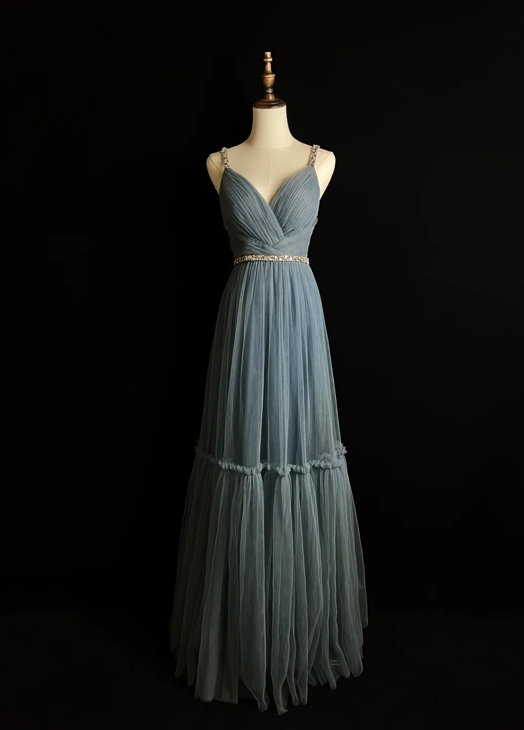 Elegante vestido de fiesta largo de tul azul grisáceo con tirantes finos en forma de A, vestido de noche GG2730